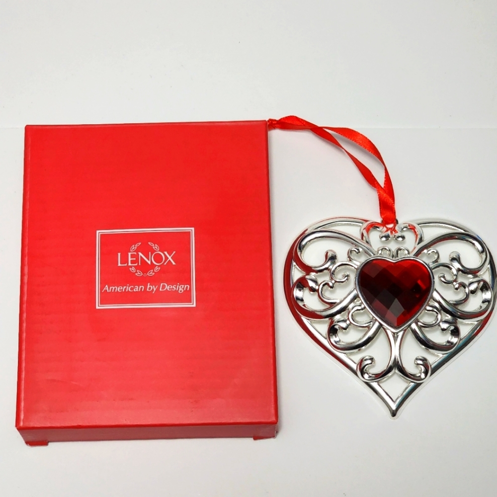 Lenox Red Gem Heart Silverplate Bejeweled Christmas‎ Ornament